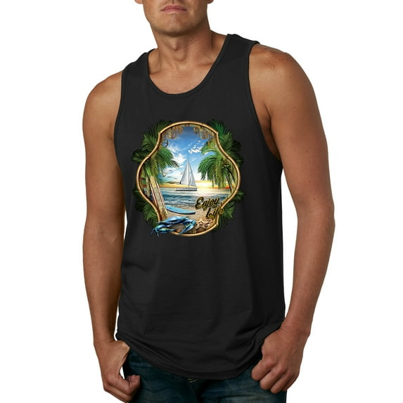 Wild Bobby, Enjoy Life Vintage Beach Surf Sailboat, Pop Culture, Men Graphic Tank Top, Black, Small