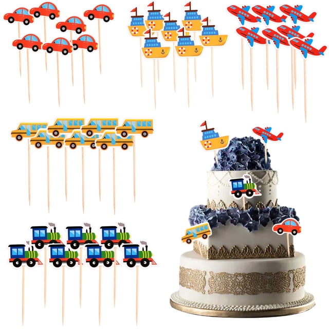 Adornos para cupcakes con motivos de transporte, adornos para tartas de cartulina de alta calidad para autobús escolar, taxi, ambulancia, avión, crucero, tren, suministros para fiestas de cumpleaños