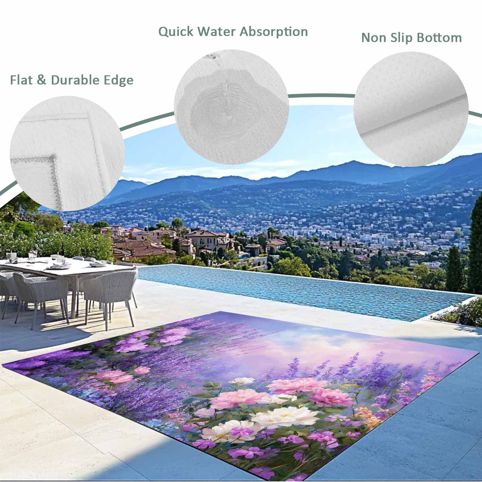 Purple Lavender Outdoor Rug for Patio/Deck/Porch, Non-Slip Large Area Rug 4 x 6 Ft, Spring Watercolor Country Wildflowers Indoor Outdoor Rugs Washable Area Rugs, Reversible Camping Rug Carpet Runner