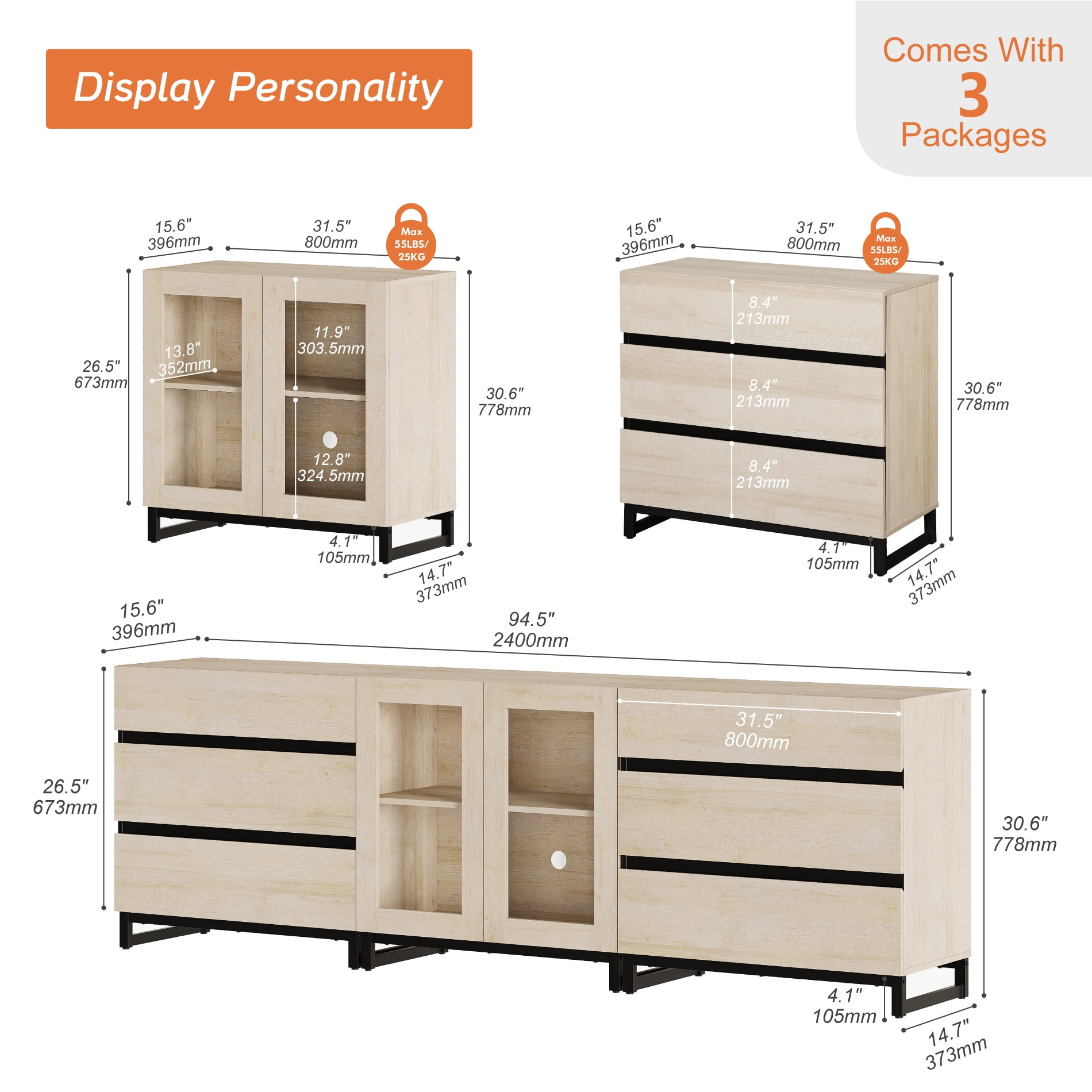 3 In 1 Multifunctional Sideboard Buffet Cabinets With Glass Doors And 6 Drawers, Modern Sideboard Credenza With Adjustable Shelf And Metal Base,Storage Cabinet For Living Room, Kitchen