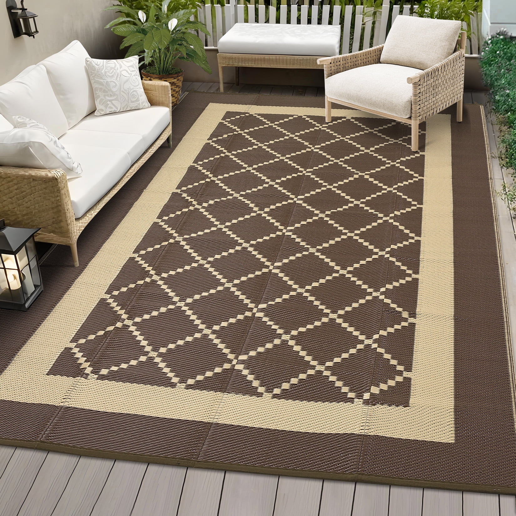 Garvee Outdoor Rug 9'x12' Waterproof Rug for Patios, Reversible Plastic Straw Rug Camping Carpet Mats for RV, Picnic, Backyard, Balcony, Porch, Beach, Brown