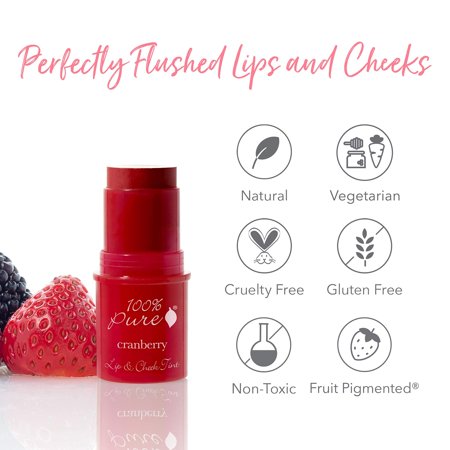 100% PURE Lip & Cheek Tint (Fruit Pigmented), Cranberry Glow, Long Lasting Lip and Blush Stick, Natural Makeup, Lip Tint, Cream Blush (True Cranberry Red Color) - 0.26 Oz