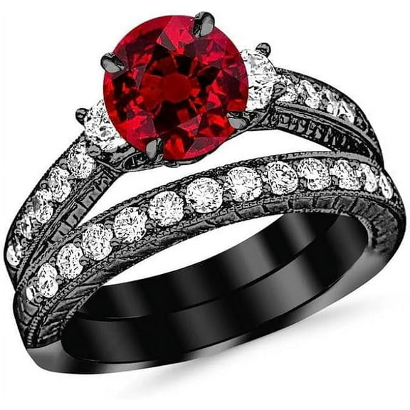 Gems Jewels 3.00 Ct Round Cut Red Ruby Wedding Engagement Thanksgiving Christmas Bridal Ring Set 14K Black Gold Plated 925 Sterling Silver For Women's -10