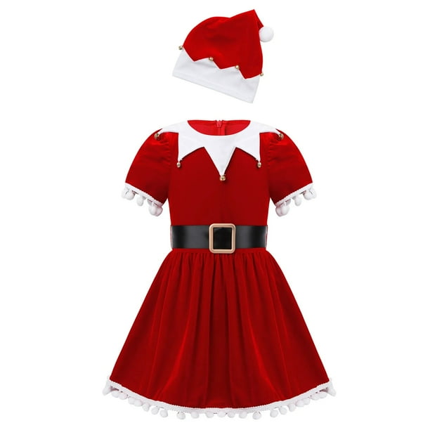 Disfraz de elfo de Navidad para niñas pequeñas, vestido de fiesta elegante de Papá Noel, traje festivo de Navidad, vestido tutú con borlas de princesa y cinturón para sombrero