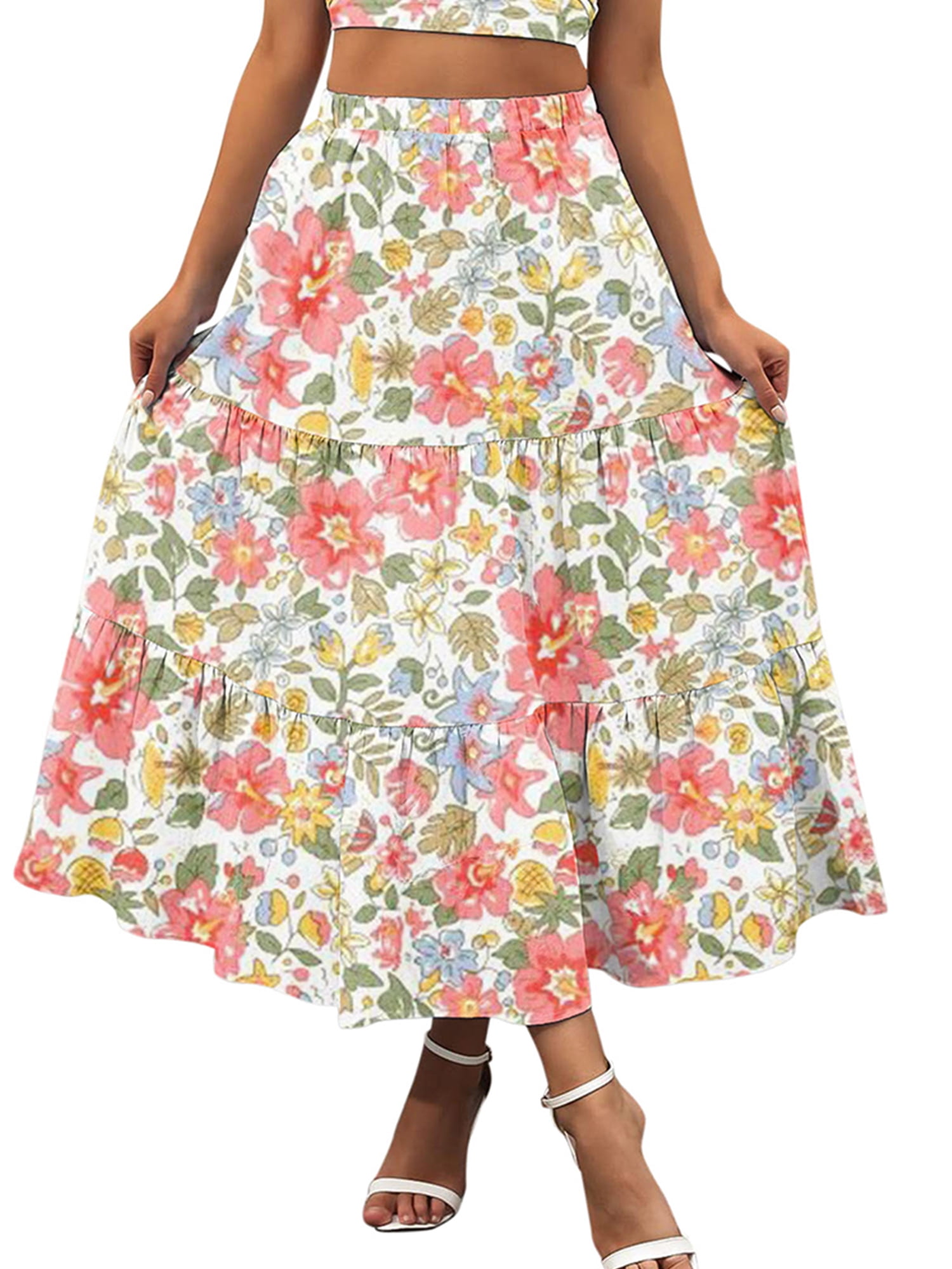 ZNU Womens Boho Floral Long Maxi Skirt Ladies High Waist Beach Ruffle ...