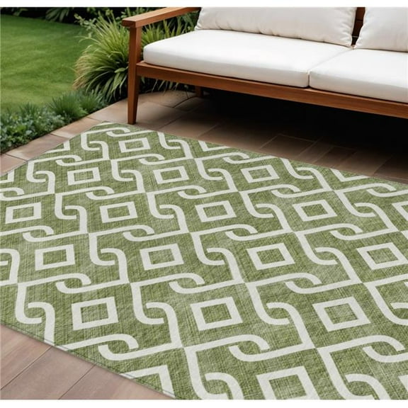 HomeRoots 578931 8 x 10 ft. Geometric Washable Indoor & Outdoor Rectangle Area Rug, Olive Green & Ivory