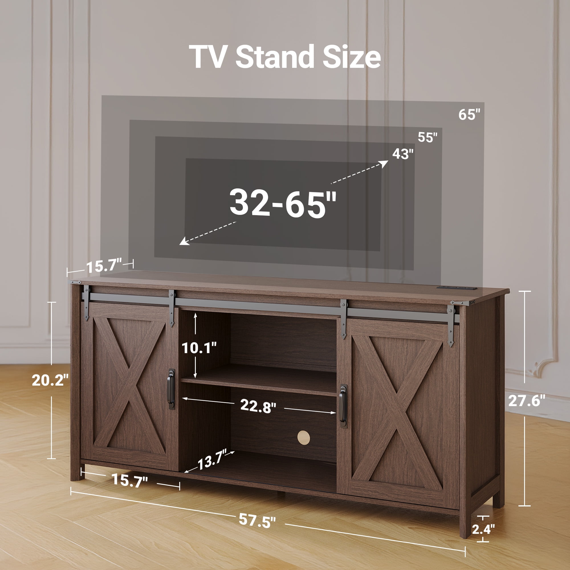 Innovar Farmhouse TV Stand with Power Outlet for TV up to 65", Rustic Entertainment Center W/ Sliding Barn Door & Cabinet, Media TV Console Table with Adjustable Shelve for Living Room, Walnut