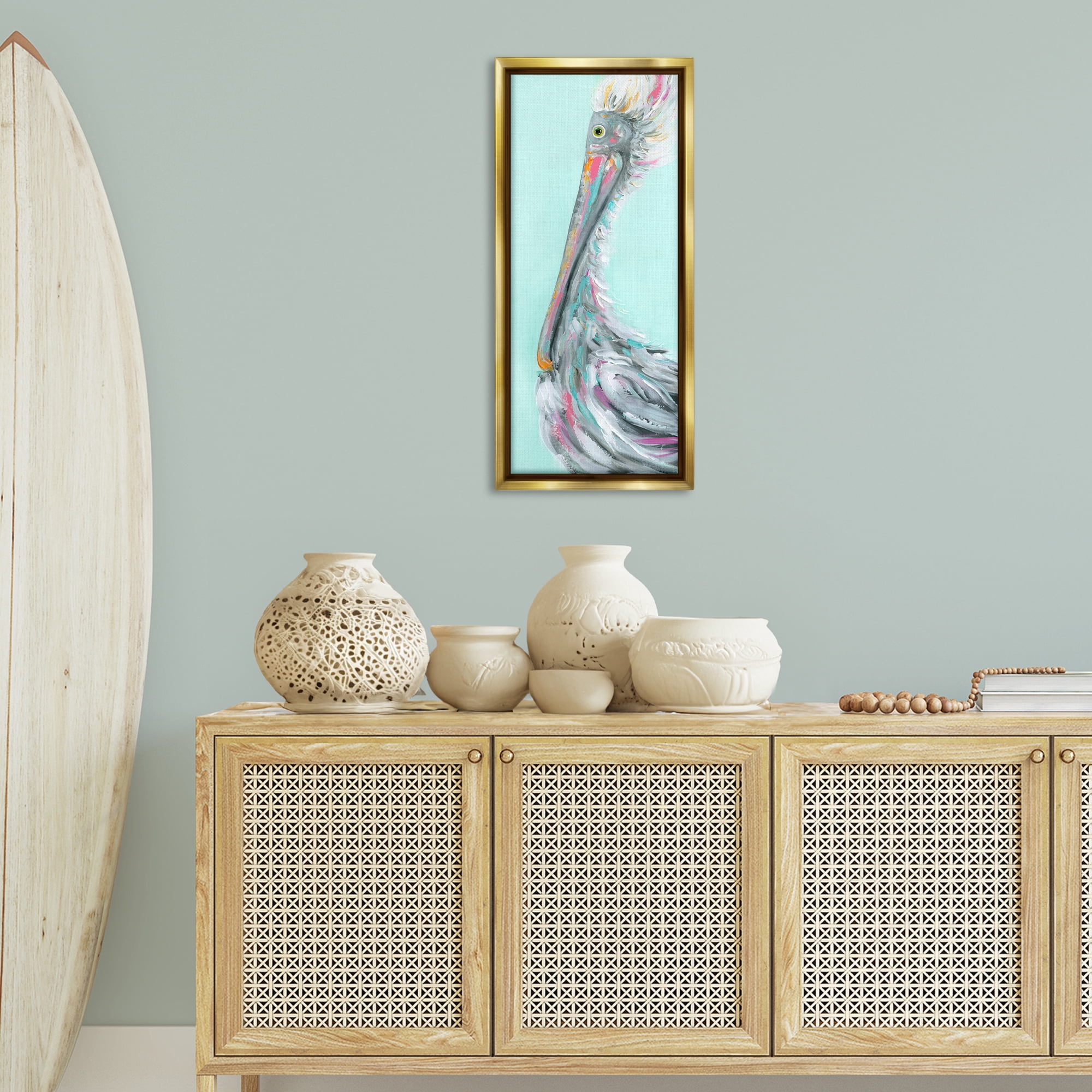 Stupell Industries Odd Pelican Portrait Animals & Insects Painting Gold Floater Framed Art Print Wall Art, 15 x 31