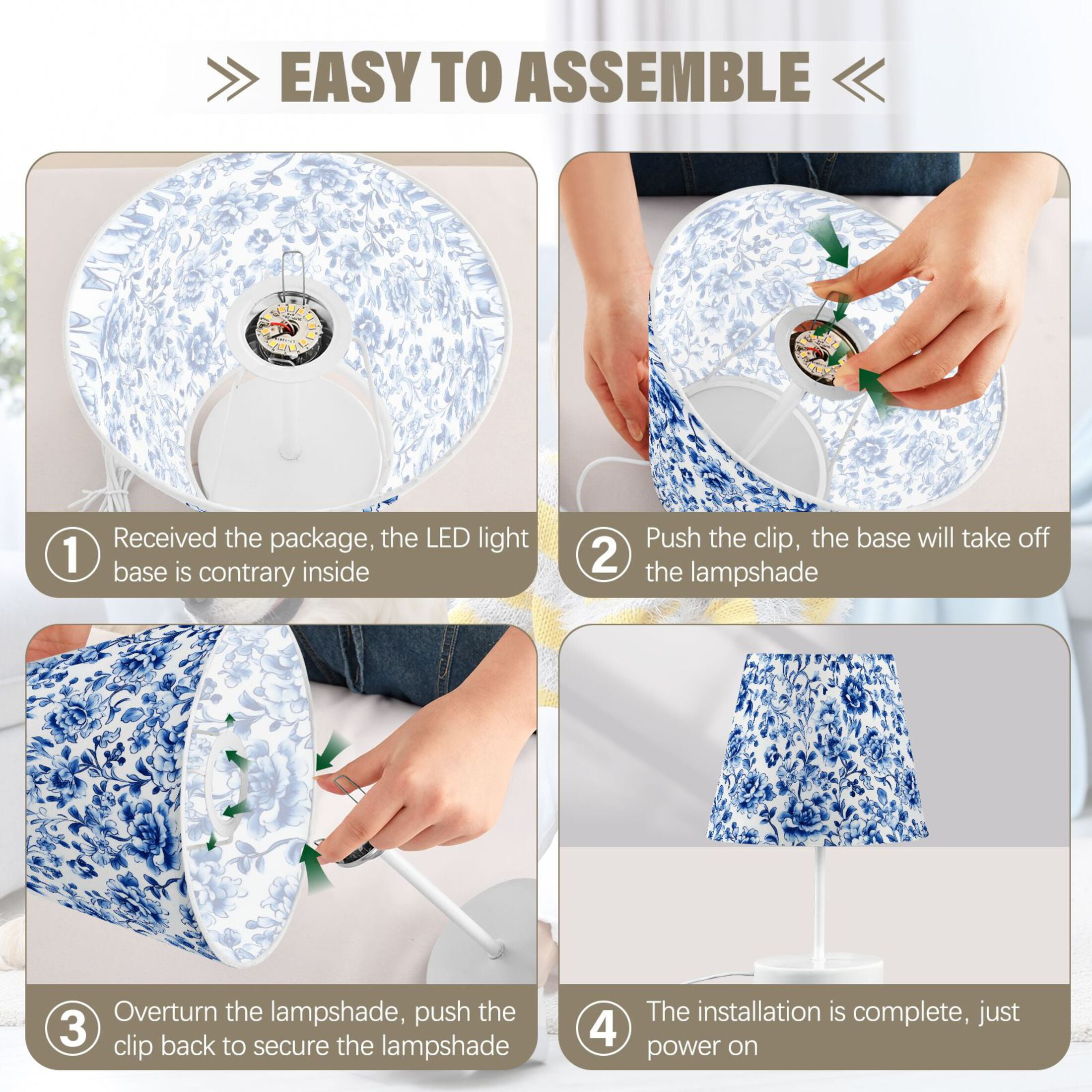 LED Desk Lamp Blue and White Porcelain Floral Table Nightstand Lamps with 3 Color Temperatures for Home Bedroom Living Room Decor 8x12