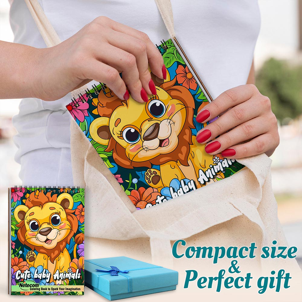 Netecom Cute Baby Animals Coloring Book Spiral Bound for Adults, A5 Wooden Cover, 30 Cuddly Coloring Pages of Forest Animal for Stress Relief and Relaxation, Spiral Bound Edition
