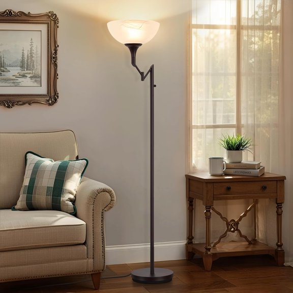 Floor Lamp for Living Room - 70" Brown Torchiere Standing Floor Lamps with Glass Shade - Tall Corner Lamp Decor for Bedroom with Adjustable Swing Arm LED Reading Light for Home Office