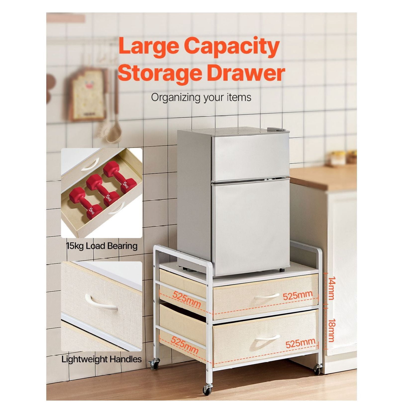 Mini Fridge Stand with Storage, 176lb Capacity, 2 Drawers & Wheels - Mobile Shelf for Dorm, Apartment, Office - White