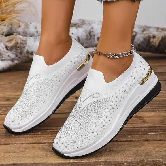 XIMIN Women's Fashion Glitter Hollow Sandals Mesh Casual Walking Platform Sneakers Platform Wedge Shoes Sparkly Rhinestone Slip-on Sneakers Breathable Spakle Shoes