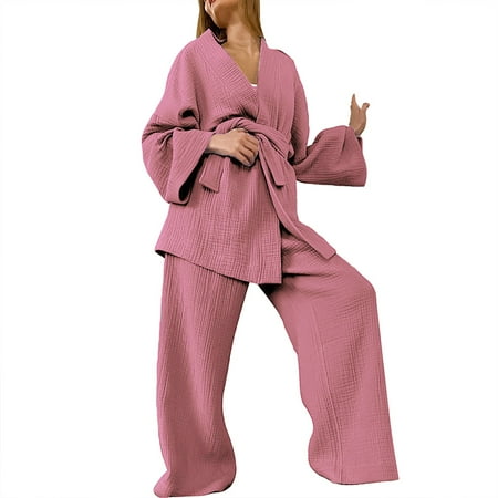 

Female Cozy Comfy Suits Solid Color V-Neck Long Sleeve Fashion Loose Tops And Leisure Trousers Spring Autumn Slacks Nightgown Homewear Vacation Sportswear Sets