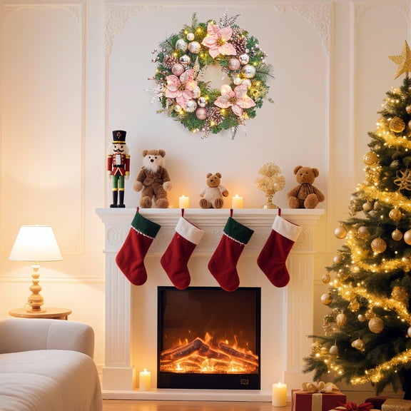 HELLONE Christmas Wreath, 22" Pink Pre-Lit Christmas Tree Decorations for Door Wall Mantel Seasonal Decor