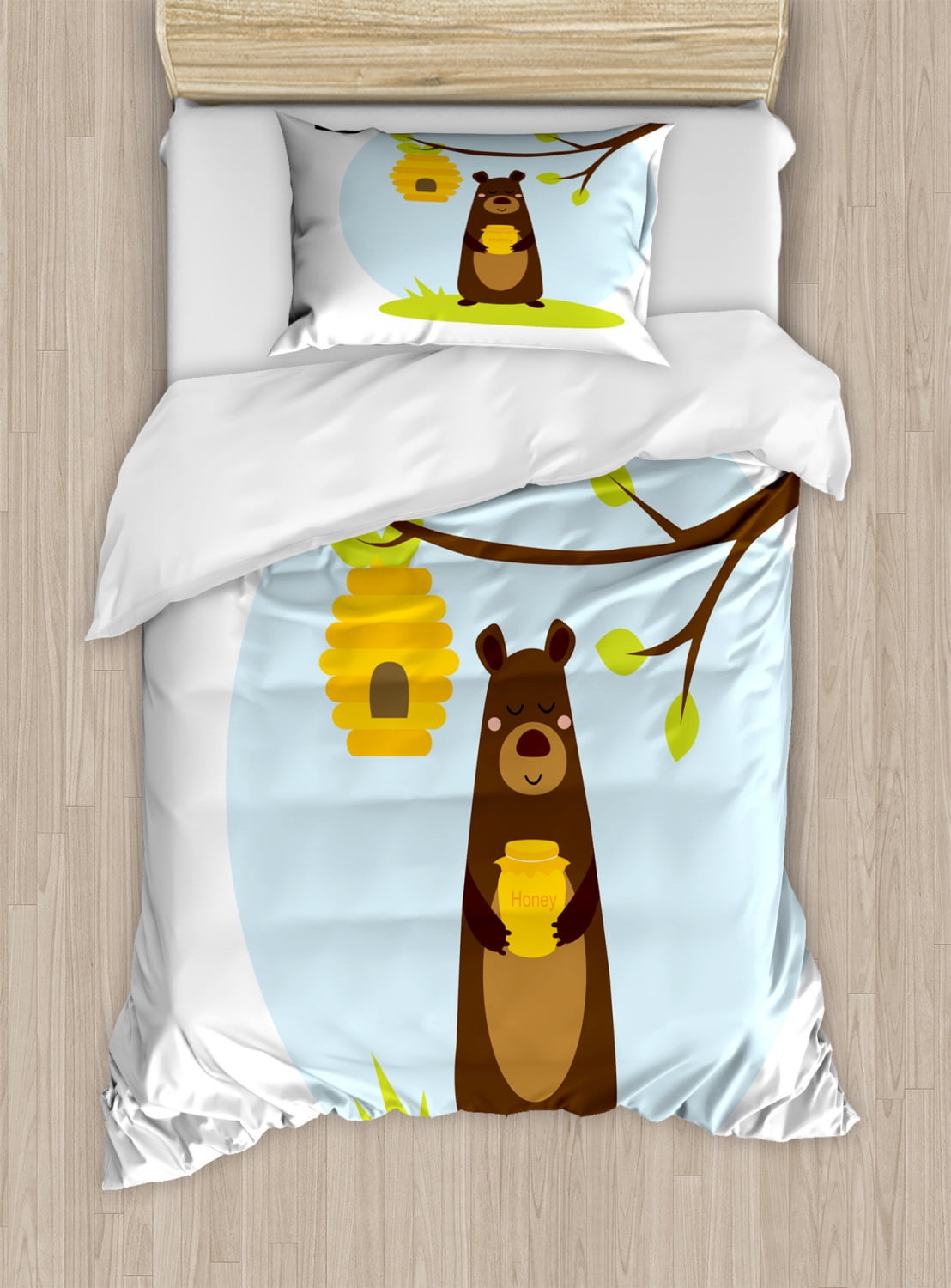Bear Duvet Cover Set Twin Size, Funny Mammal Holding Honey under