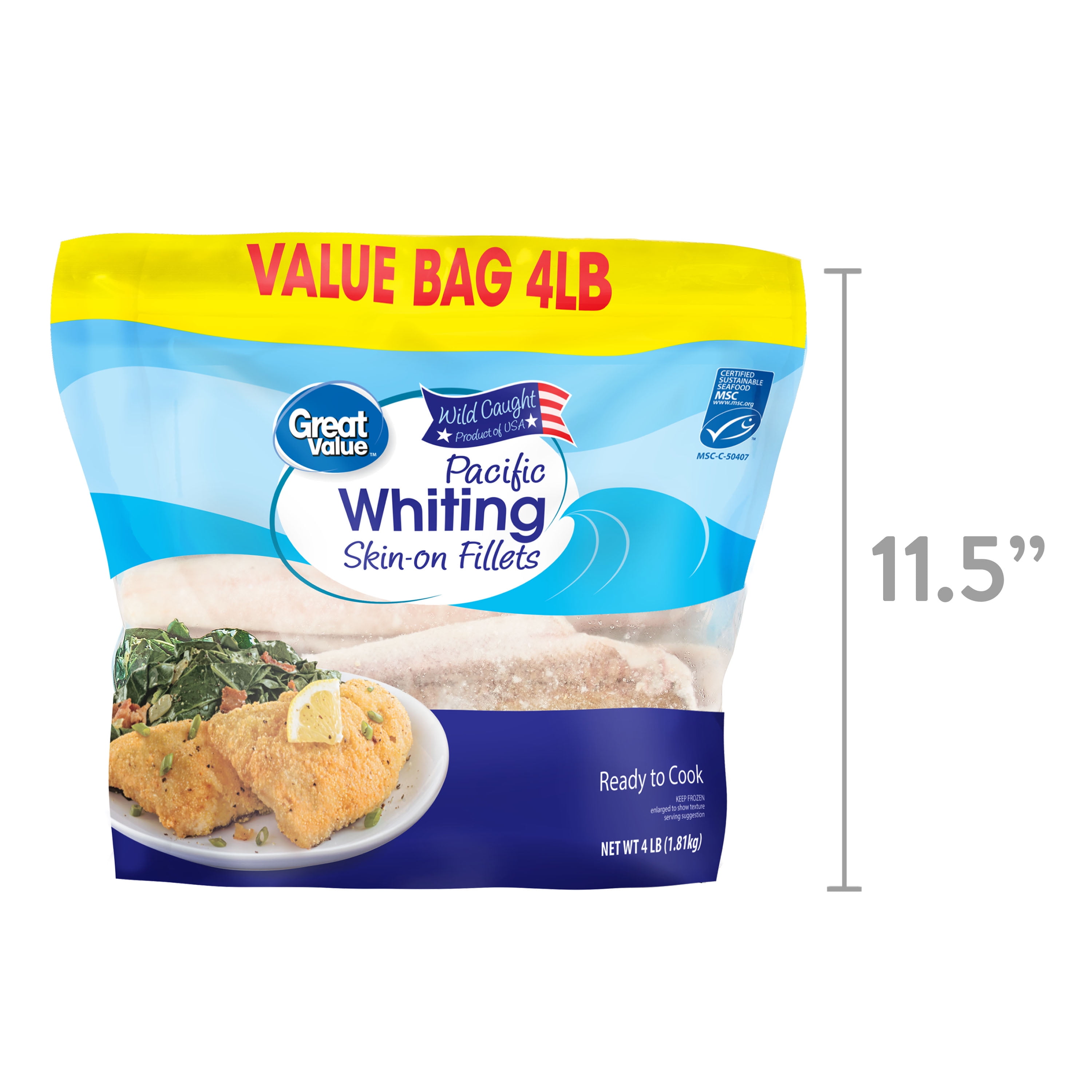Great Value Wild Caught Pacific Whiting Fillets, Skin-on, Value Bag
