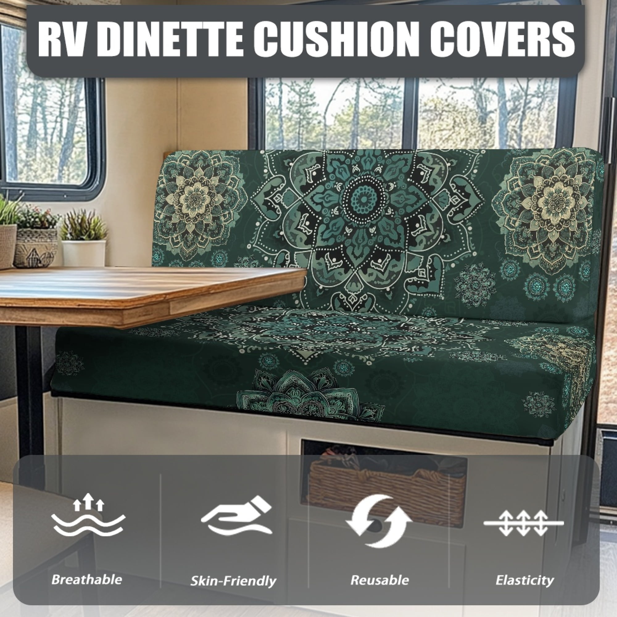 FOR U DESIGNS Boho Mandala Green Pattern 2 Pack RV Dinette Cushion Covers Washable Camper Cushion Slipcover Scratch-Resistant Sofa Chair Cover Camper Seat Covers Dinette Booth