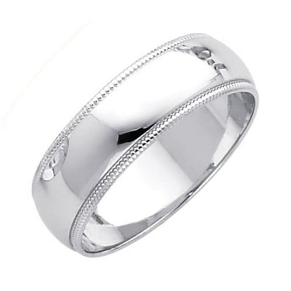 Solid 14k Plain Milgrain Wedding Band Ring Polished White Gold Regular Fit, 6 mm, Size 5