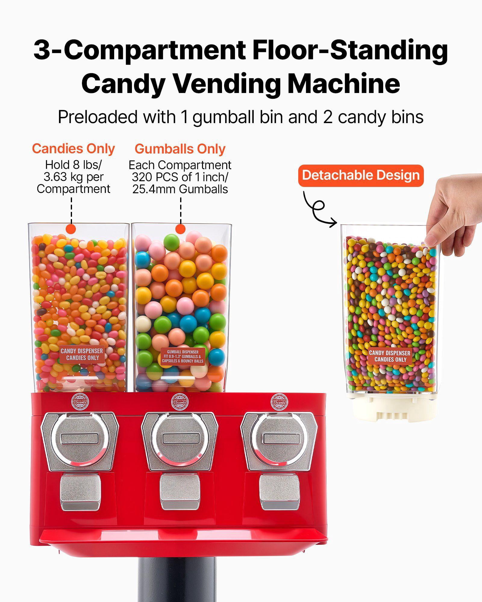 Triple Compartment Vintage Candy Gumball Vending Machine with Stand Detachable Cash Box for Shops Arcades