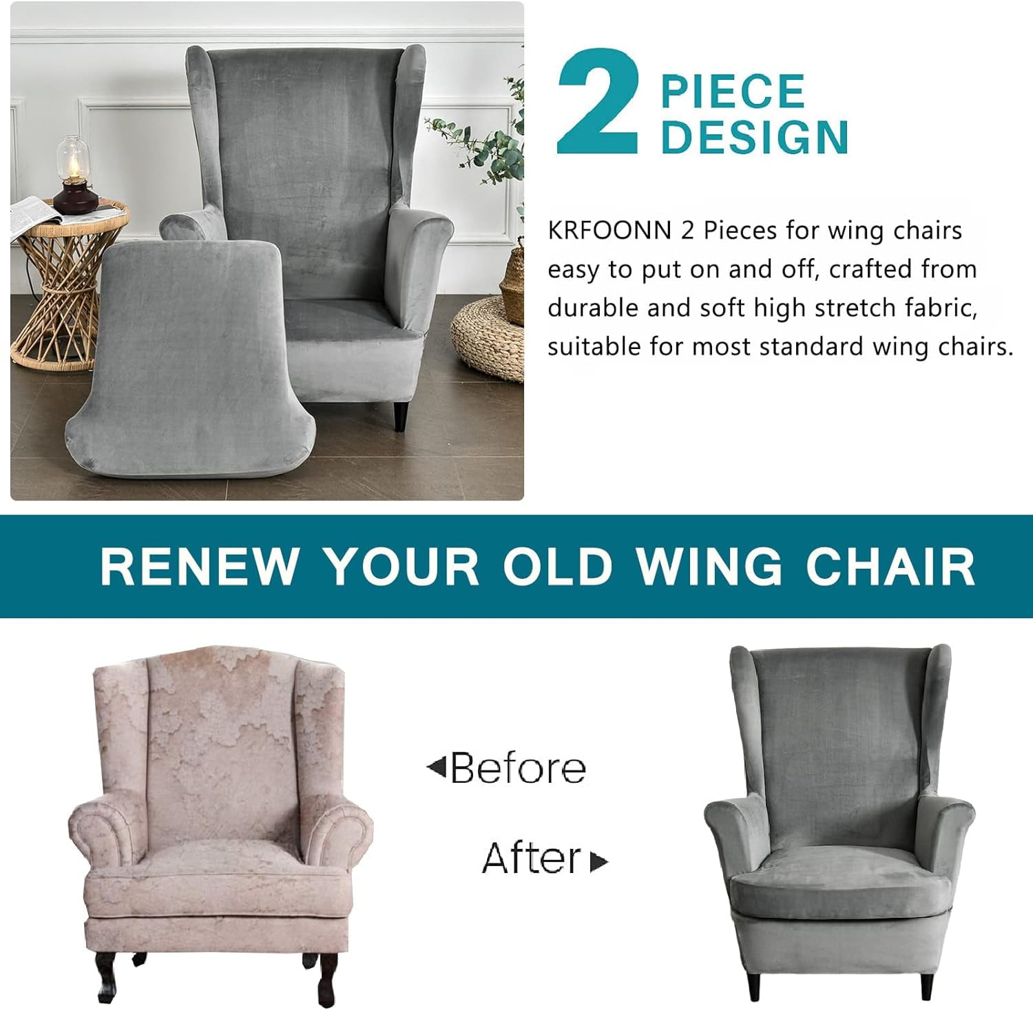 CHUNTIAN Wingback Chair Covers Slipcovers 2 Piece Stretch Wing Chair Covers Spandex Slipcovers Wingback Sofa Covers Armchair Covers Non-Slip Furniture Protector for Living Room Wingback Chairs, A13