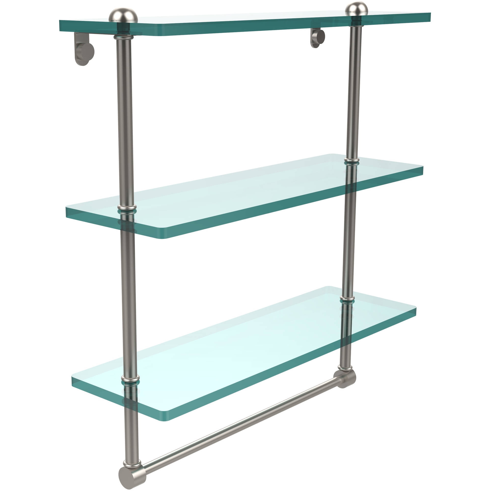 16in Triple Tiered Glass Shelf with Integrated Towel Bar in Satin