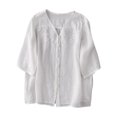 thumbnail image 1 of Tops de Algodón de Lino para las Mujeres Bordado Imitación Algodón Botón de Lino Cinco Cuartos de Manga Corta V-Cuello Superior, 1 of 8