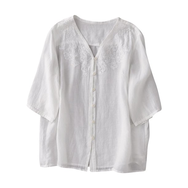 Tops de Algodón de Lino para las Mujeres Bordado Imitación Algodón Botón de Lino Cinco Cuartos de Manga Corta V-Cuello Superior