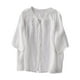 thumbnail image 1 of Tops de Algodón de Lino para las Mujeres Bordado Imitación Algodón Botón de Lino Cinco Cuartos de Manga Corta V-Cuello Superior, 1 of 8