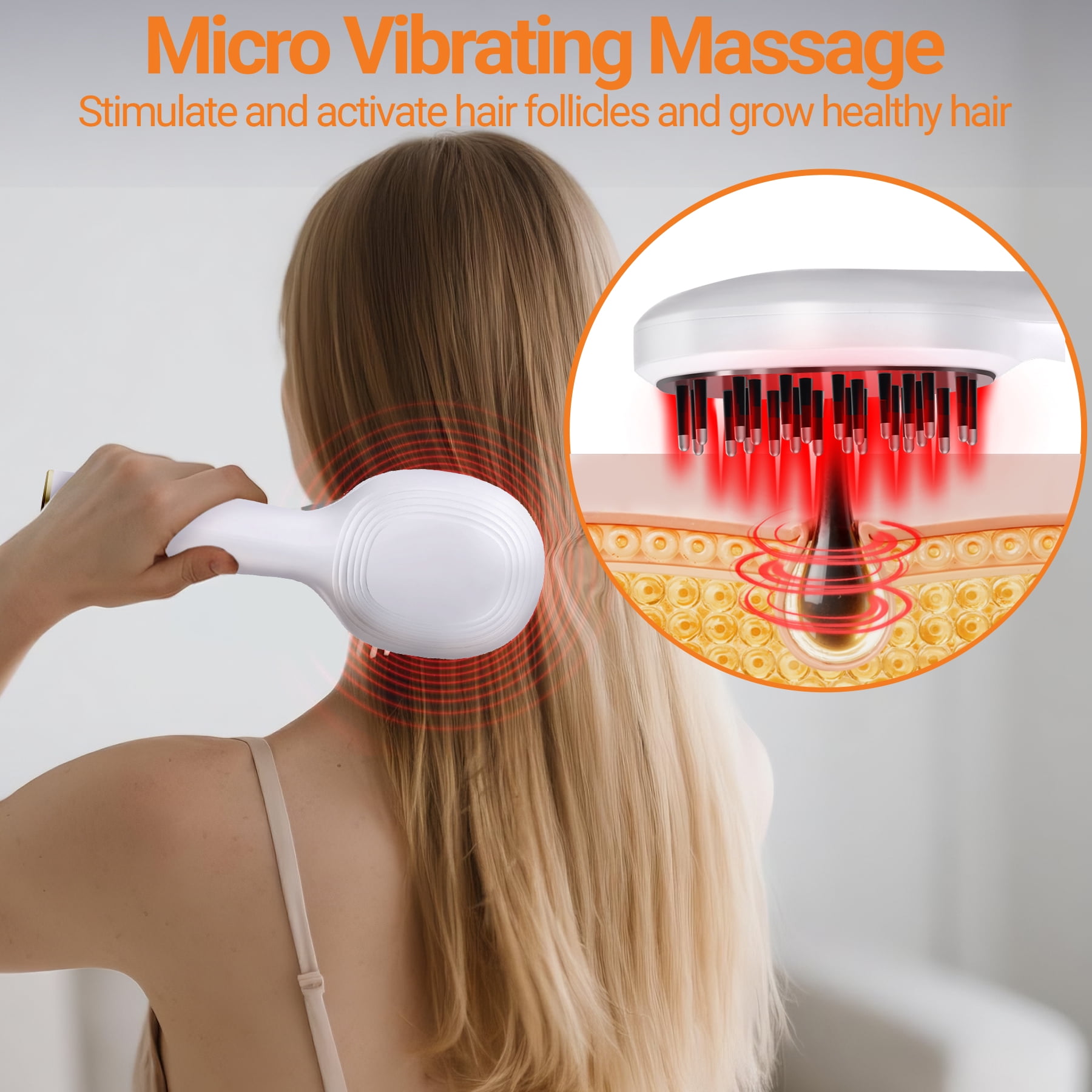 Laser Scalp Massager Comb - Scalp Massager with Red Light & Vibration - Red Light Therapy for Hair Loss Women & Men - IPX6 Waterproof - White