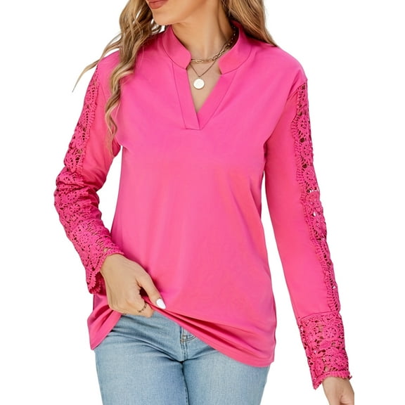 Women Lace Elegant V Neck Blouse Long Sleeve Eyelet Dressy Party Floral Tops Rose Red XXL