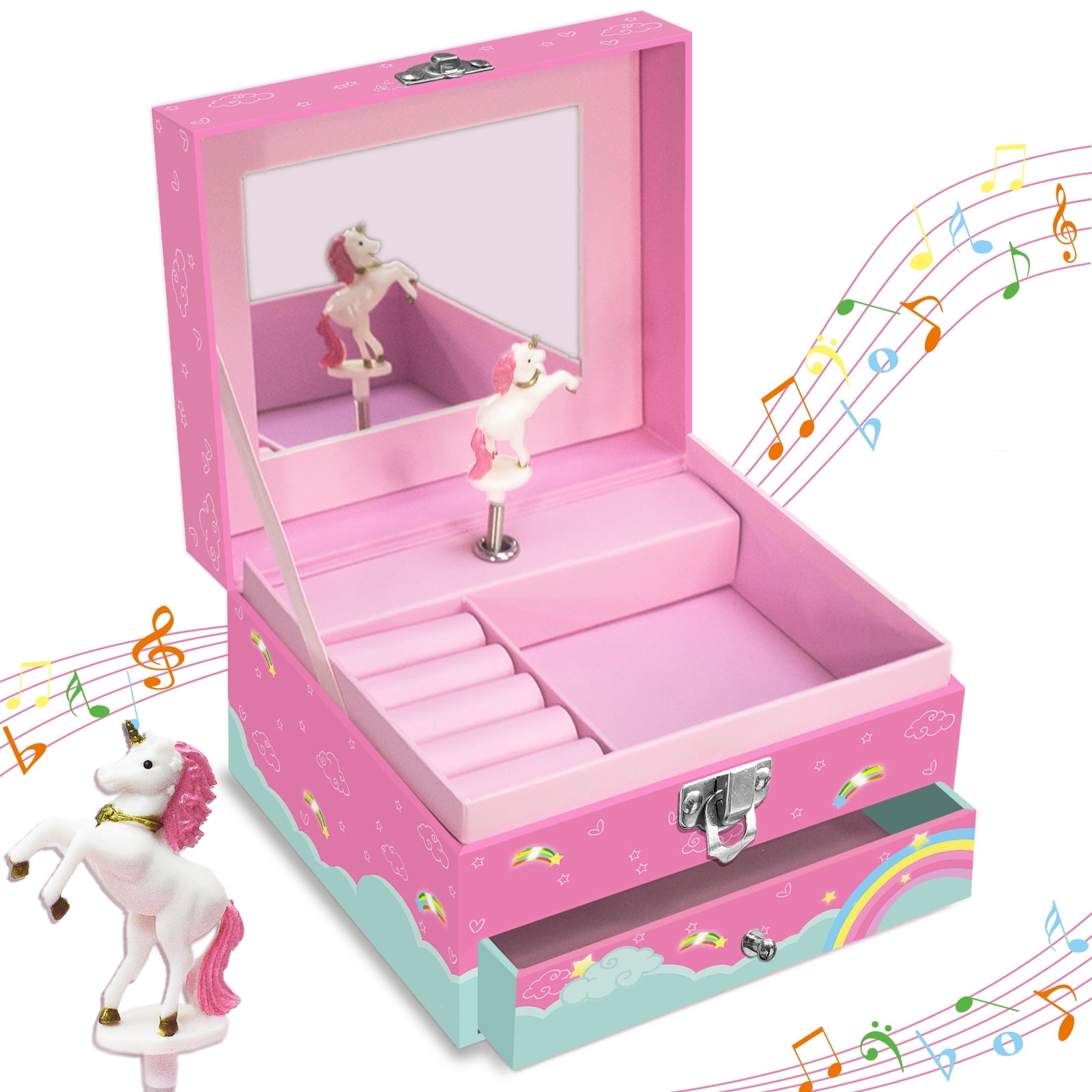 Unicorn Musical Jewelry Box Rainbow For Girls - Octagon Pink Music Box With Storage Girls Rainbow Jewelry Box