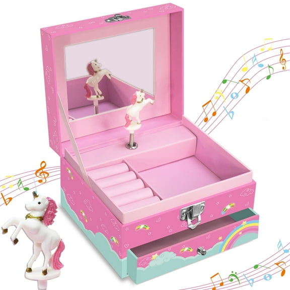 Magical Unicorn Jewelry Box for Women - Spinning Unicorn with Jewelry Drawer - Women Jewelry Box Valentine's Day Birthday Easter Christmas Gift, 5.9 x 5.1 x 3.5 Inches