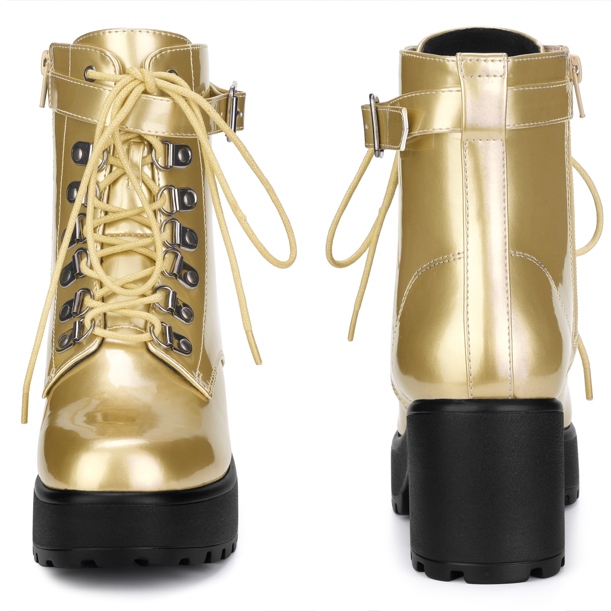 DARING DIVA Stylish Round Toe Platform Chunky Heels Combat Boots Gold 9