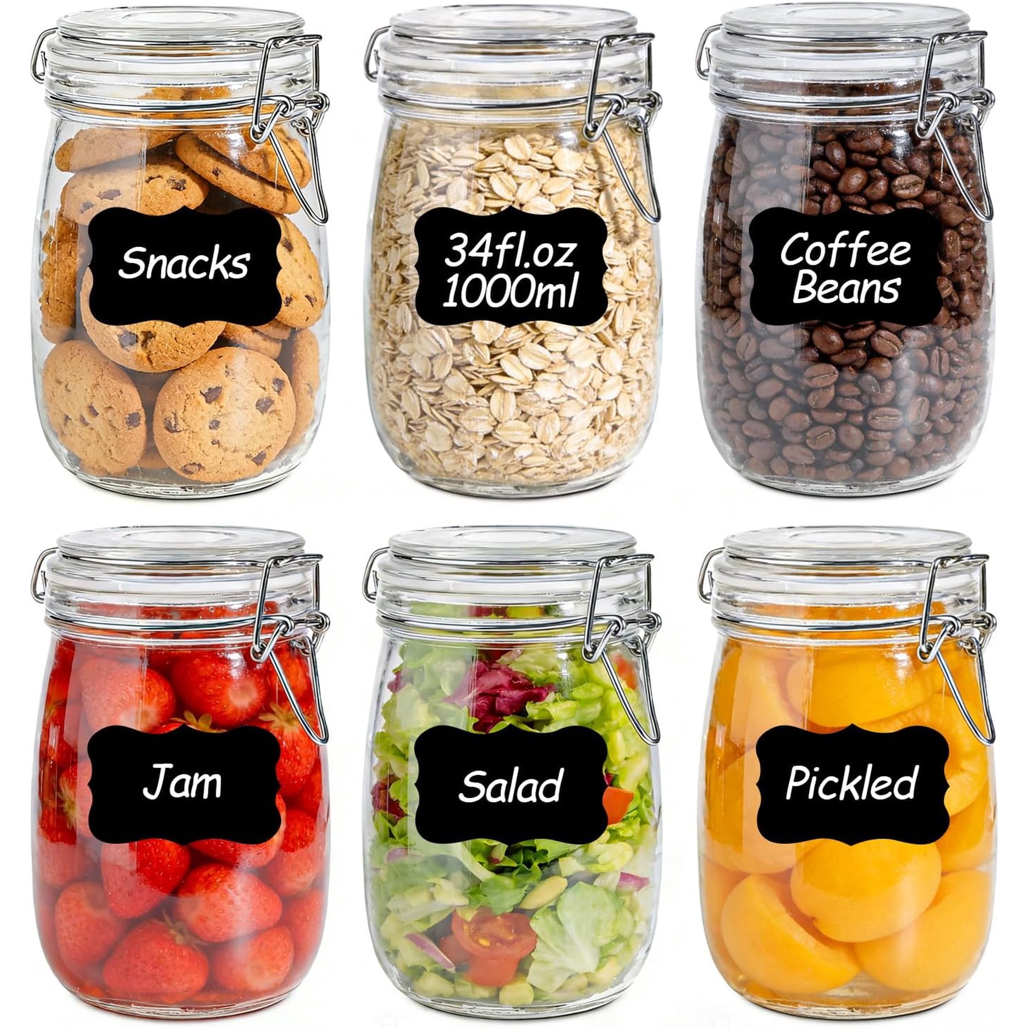 Glass Jars with Airtight Lids 34 oz 6 Pack Food Storage Pantry Round