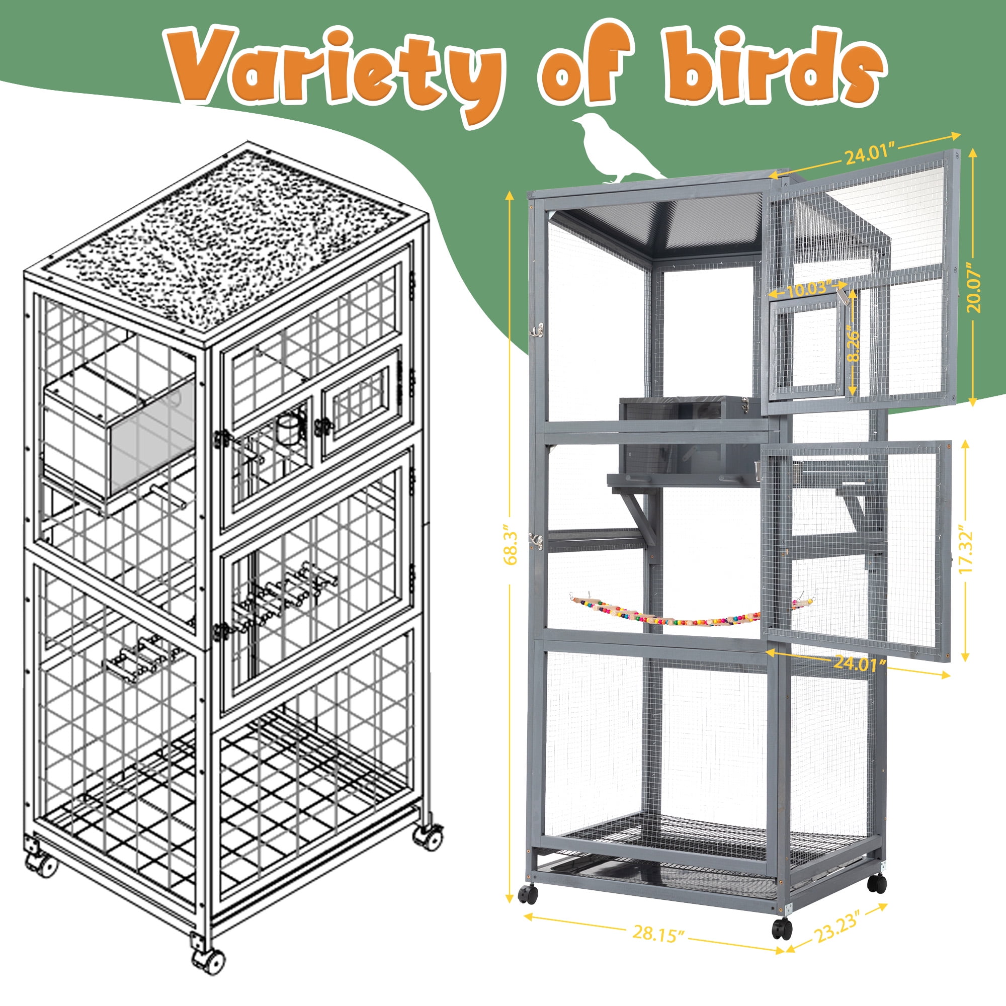 Kadyn 68" Outdoor Large Bird Cage with Universal Wheels, Wood Bird Aviaries Flight Cage Indoor Bird Habitats for Habitat for Parakeets, Lovebirds, Canaries, Gray