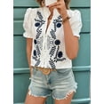 thumbnail image 3 of Women'S Summer Tops 2025 Casual Ruffle V Neck Puff Short Sleeve Button Down Shirts Embroidered Blouses White L, 3 of 8