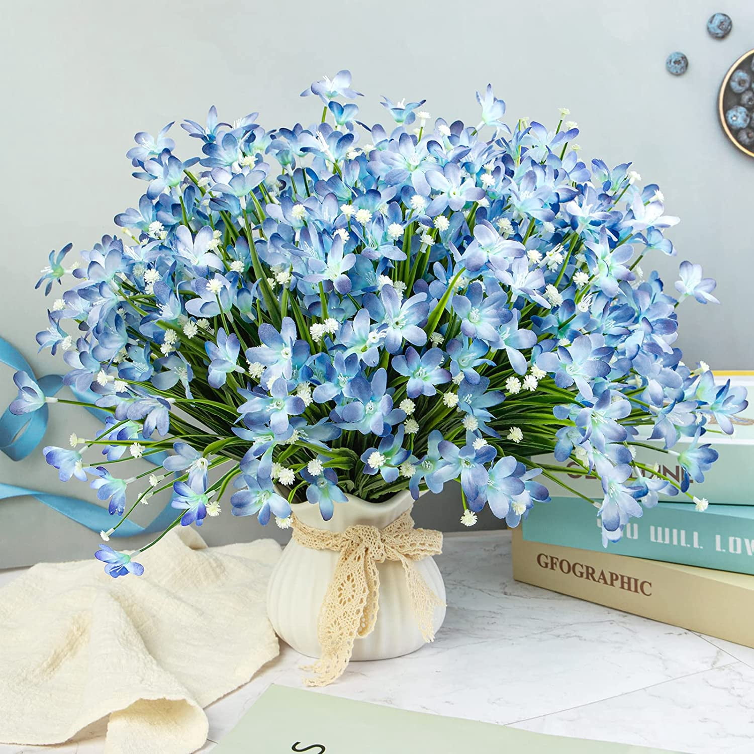 Artificial Flowers for Outdoors Daffodils Fake Flowers Plants UV Resistant Faux Greenery Plastic Shrubs for Garden Porch Window Box Wedding Home Decor, Blue