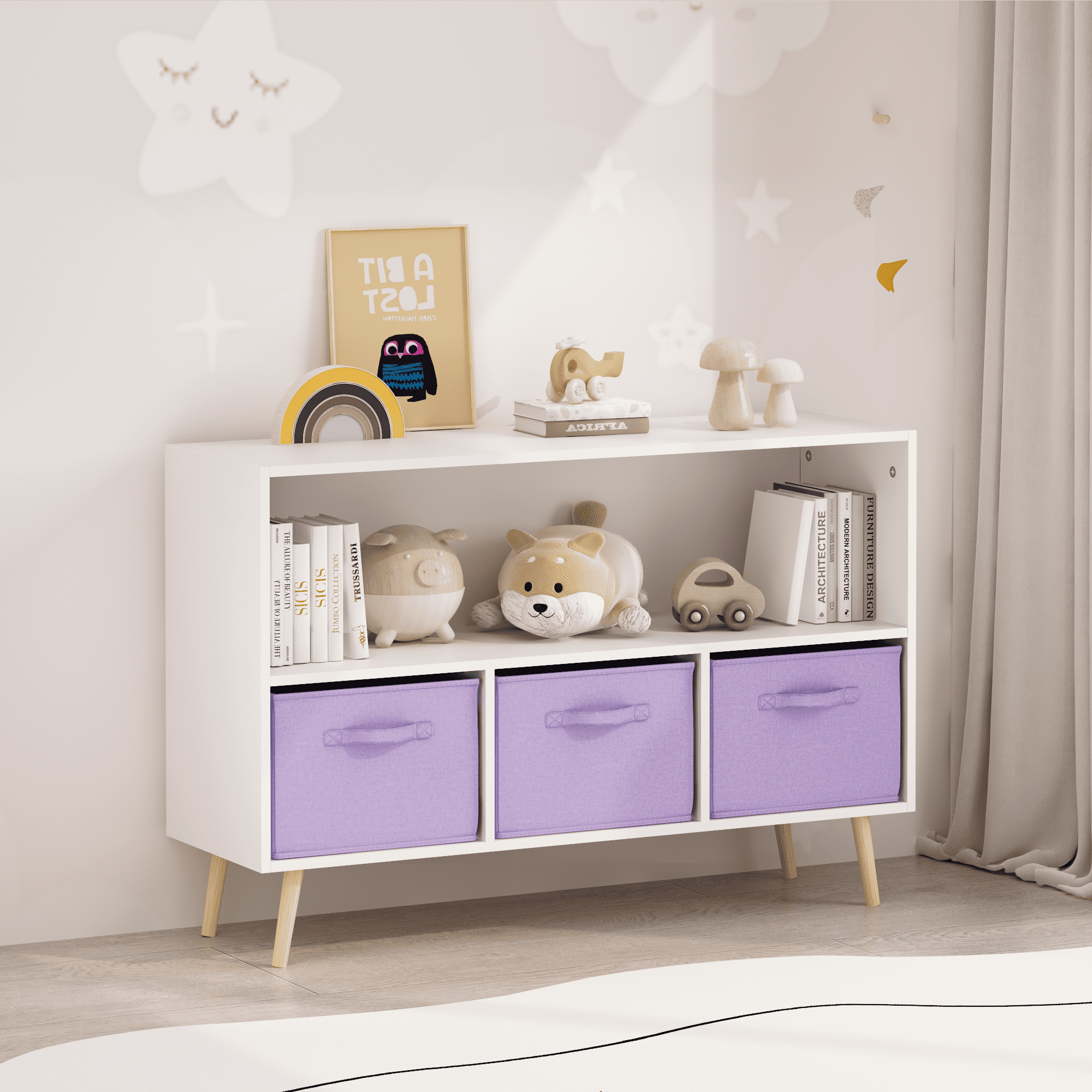Kids bookcase with Collapsible Fabric Drawers, Children's Book Display, Toy Storage Cabinet Organizer, White/Purple