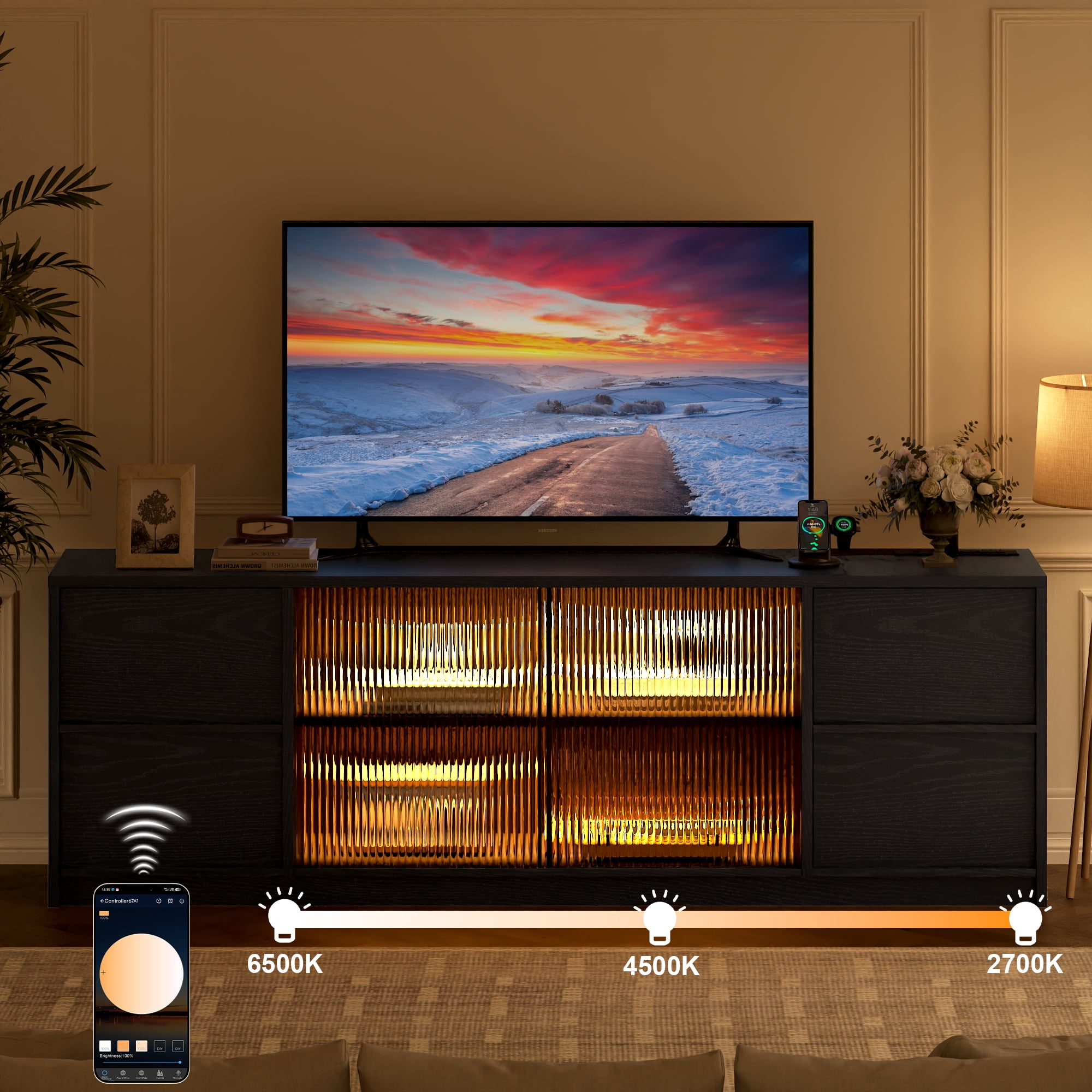 GUNAITO TV Stand for TVs up to 75", Big TV Stand for Living Room with 4 Drawers and LED Lights, Entertainment Center with Storage, Black