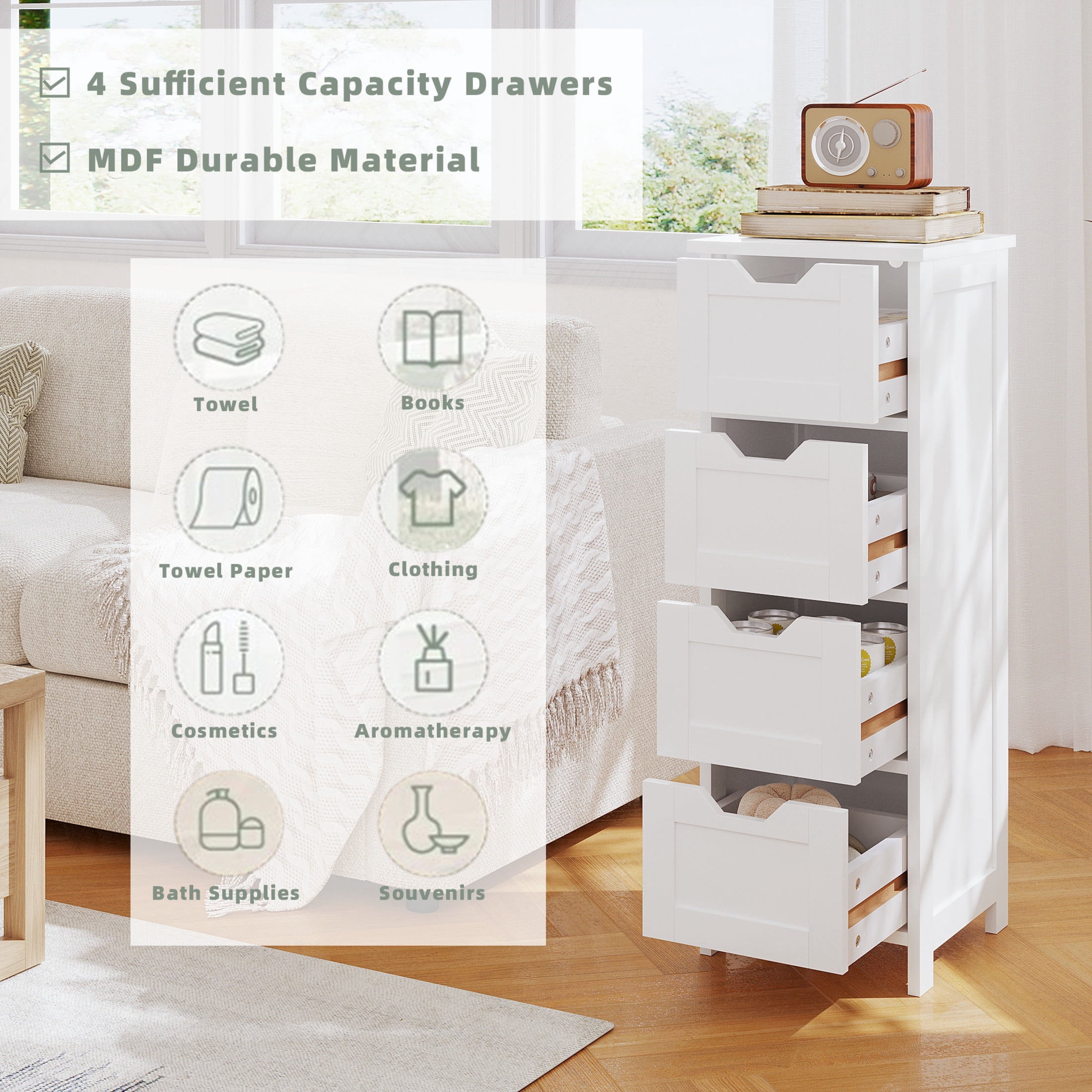 Noble House Nesta Narrow 4-Drawer Bathroom Floor Cabinet, Slim Vertical Storage Organizer, Space-Saving Design, White
