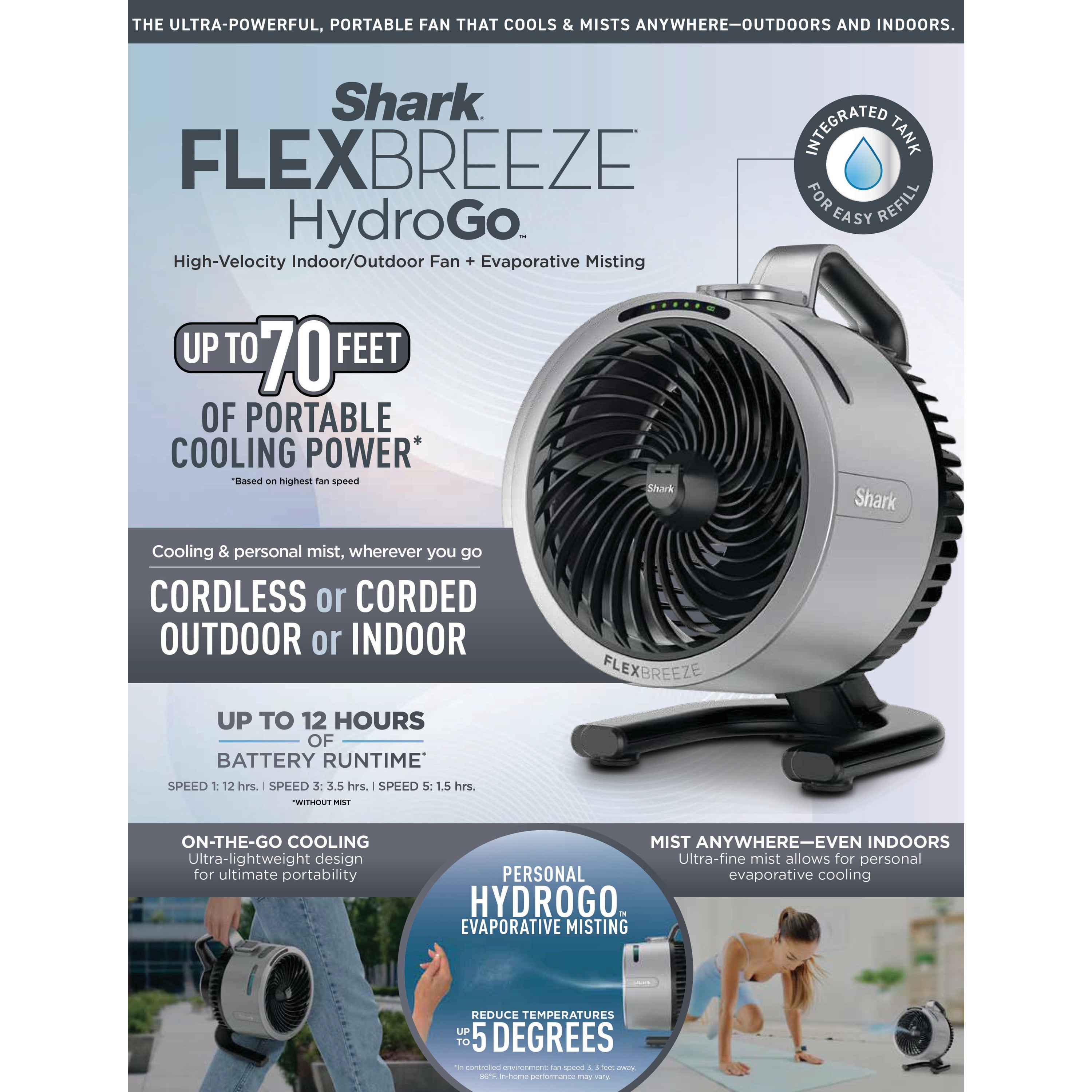 Shark FlexBreeze HydroGo Misting Fan, Corded & Cordless, Evaporative Cooling, 5 Speeds, FA052 Grey