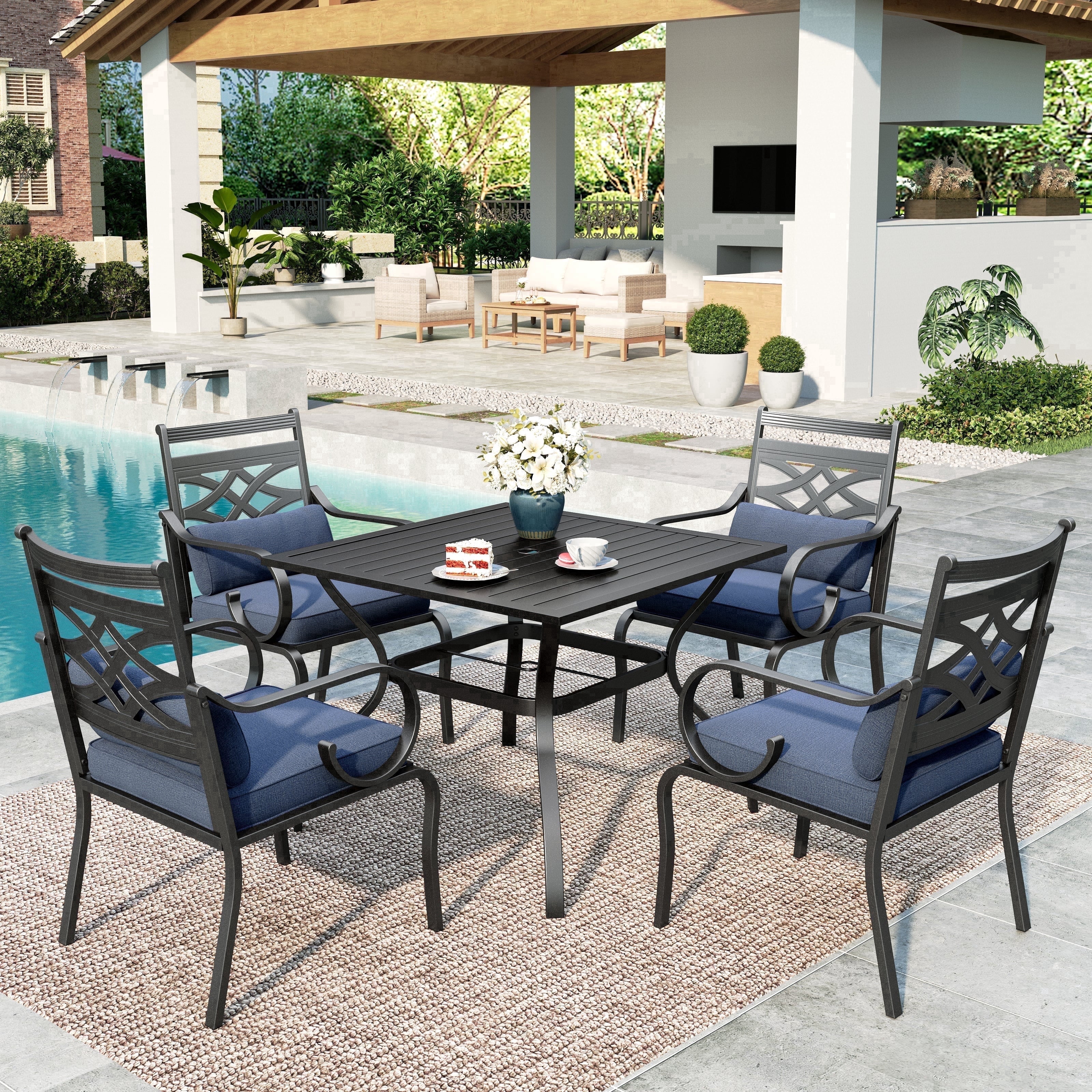 9 piece tdc sling patio set with umbrella 9-Piece Outdoor Patio Dining Set with High-Back Sling Chairs & 83
