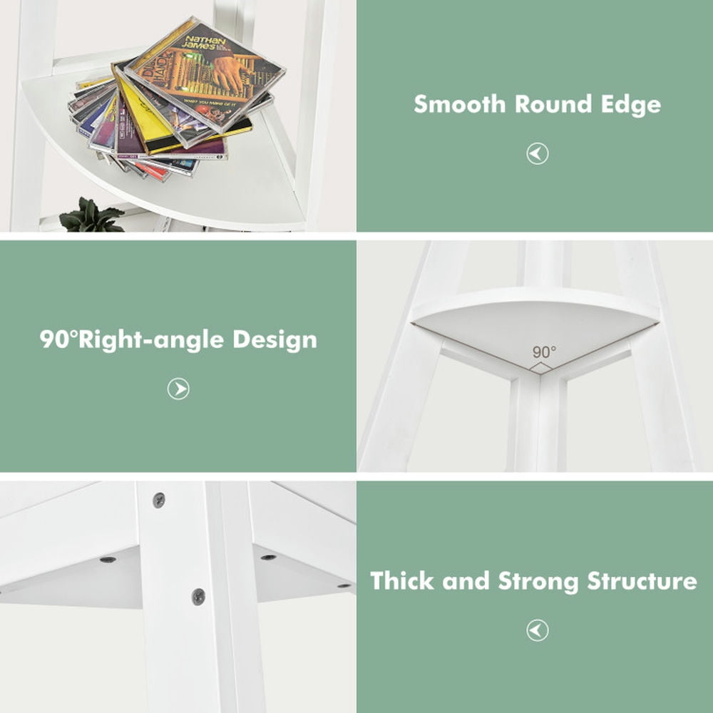 Demi Bonn 5-Tier Modern Corner Bookshelf, Bookcase Shelf with Strong Wooden Frame, Wall-Leaning Display Storage Stand Rack, White