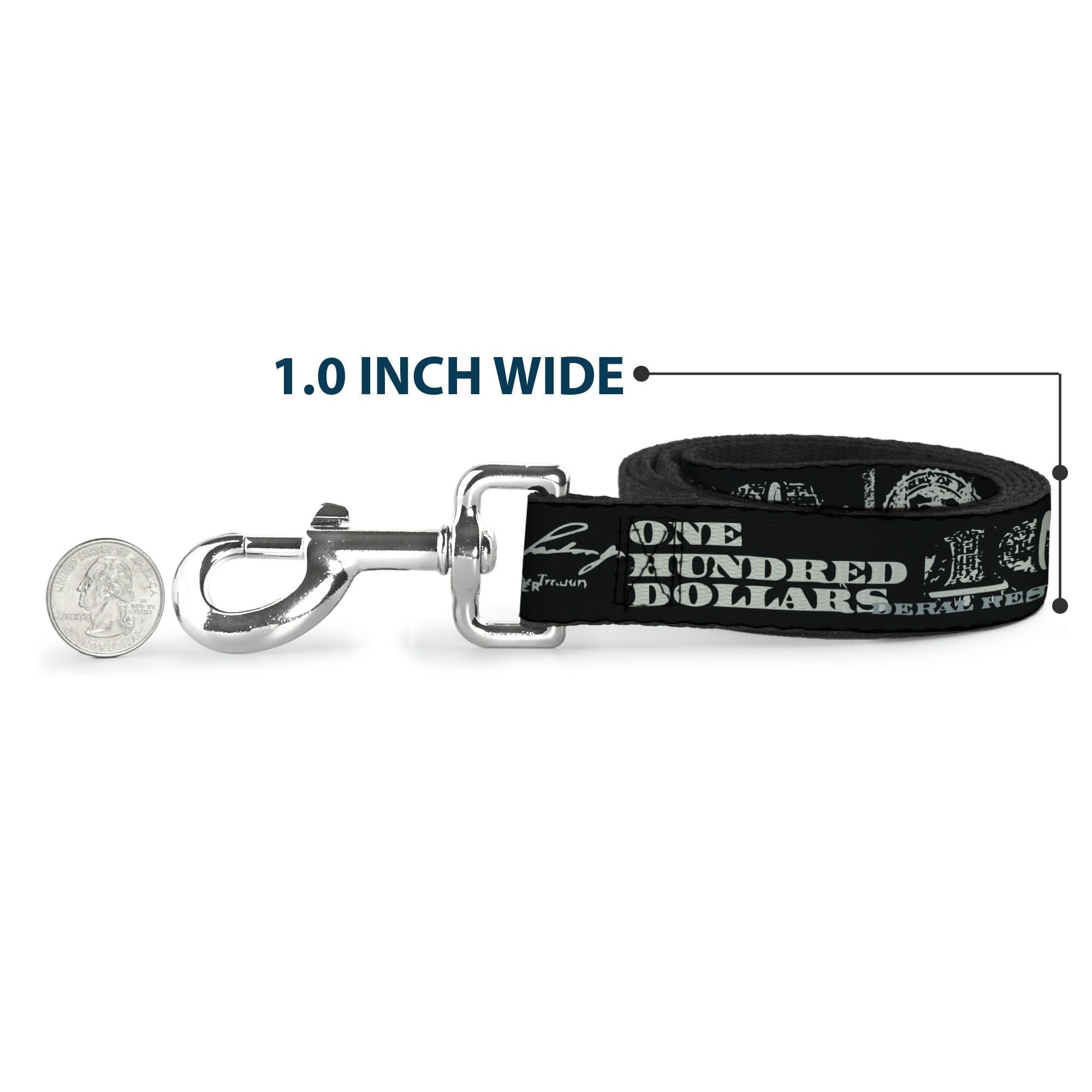 Buckle-Down Pet Leash, Dog Leash, Americana One Hundred Dollar Bill Elements Black Gray, 6 Feet Long 1.0 Inch Wide