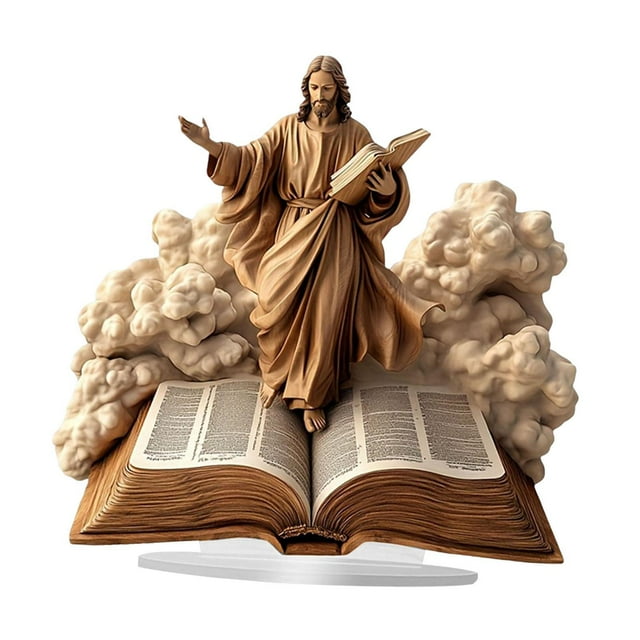 Estatua de Jesús acrílica decorativa para el hogar, suministros festivos con libro bíblico, adorno para chimenea, sala de estar, recuerdos de fiesta