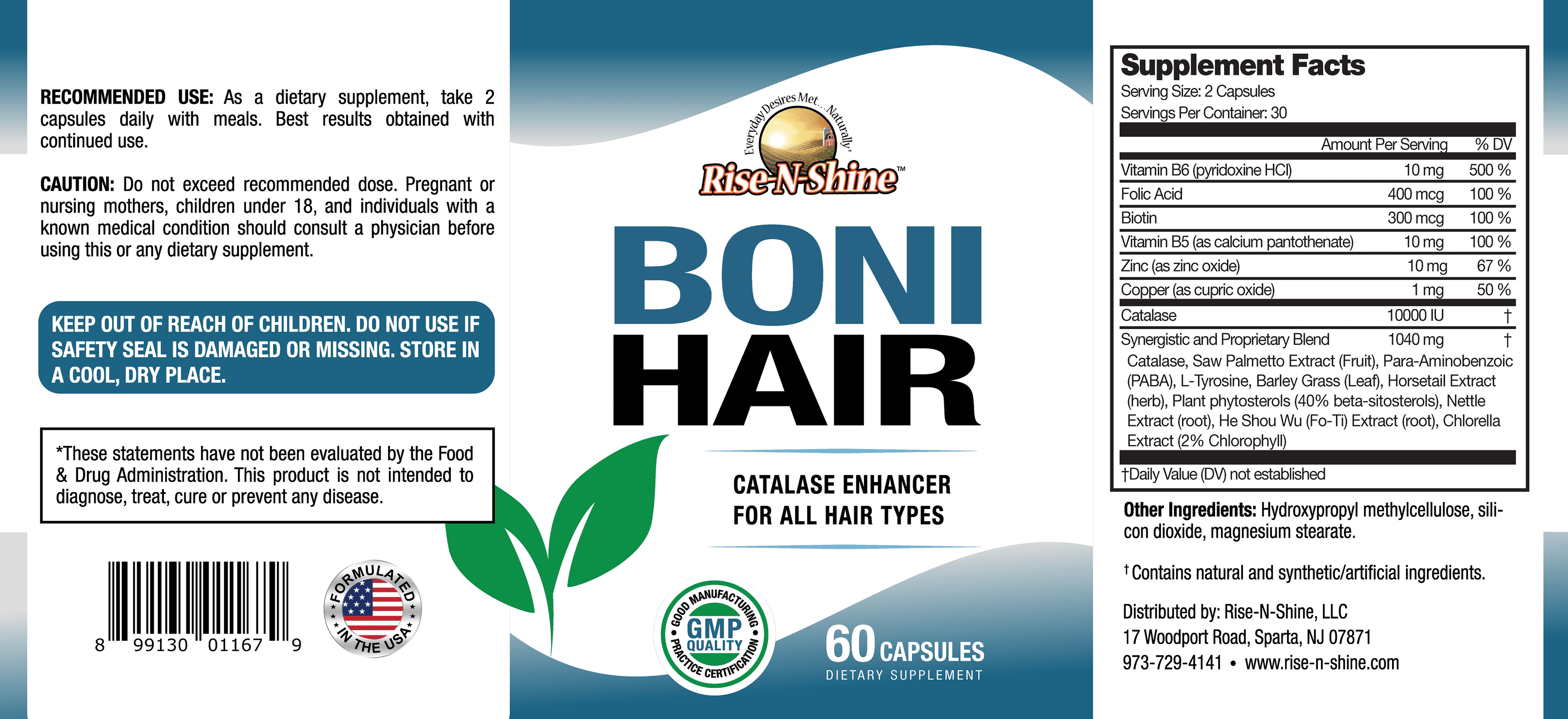 BoniHair Supplement for All Hair Types, Saw Palmetto, Calcium, Vitamin B, by Rise-N-Shine - 60 Count
