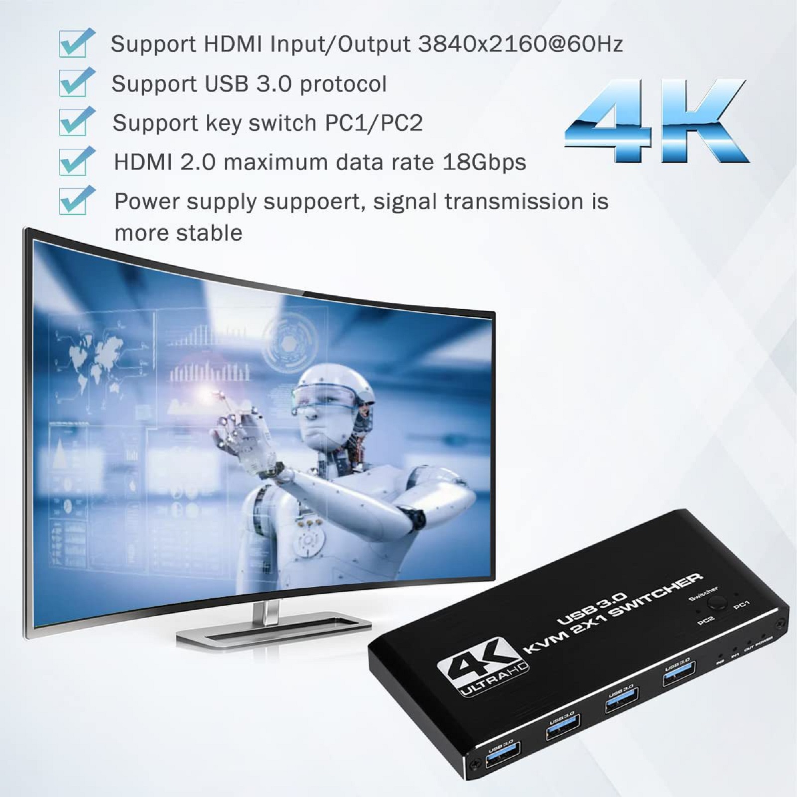 KVM Switch HDMI 2 Ports with 2* USB Data Cable, 4K 60Hz for 2 Computers 1 Monitor Keyboard, Mouse