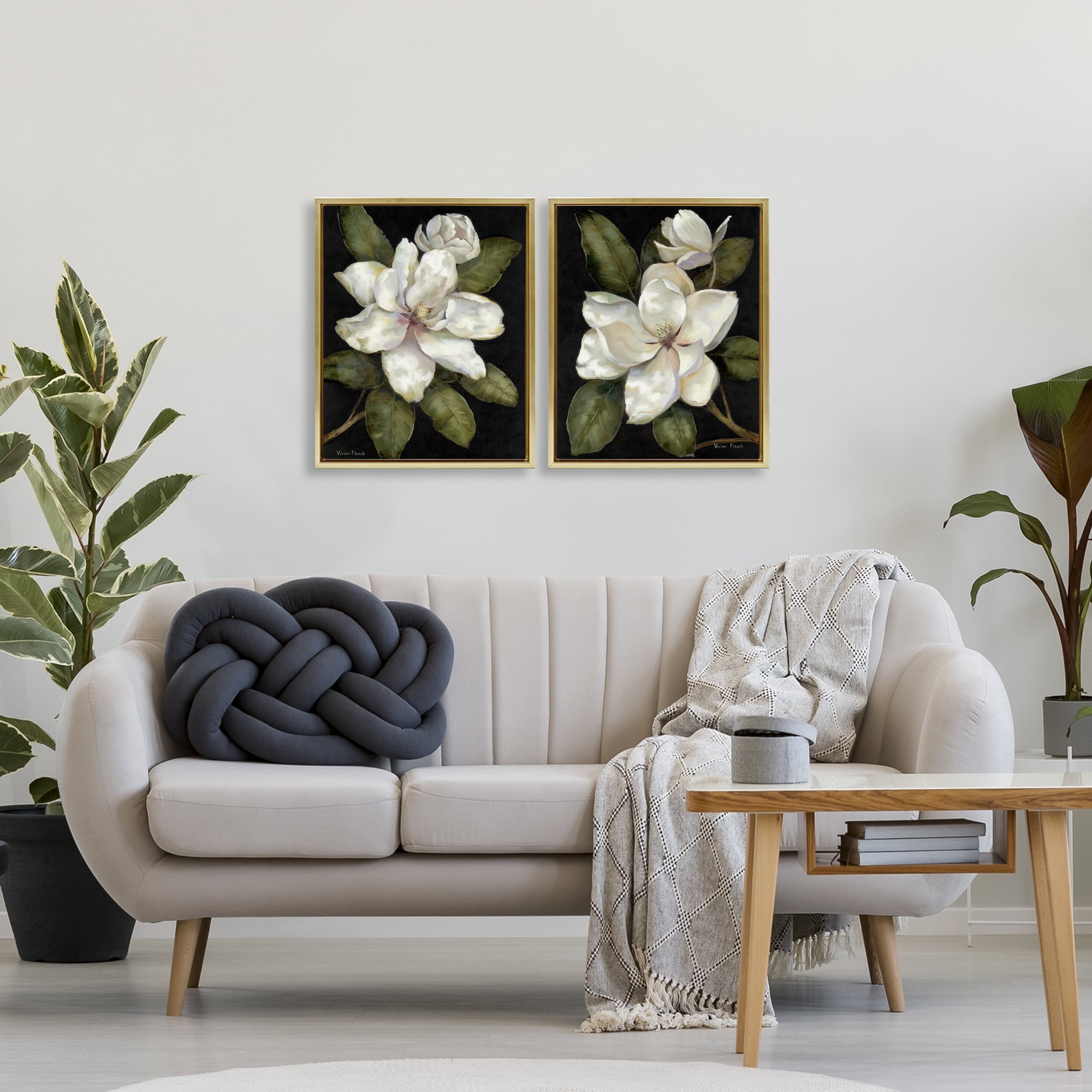 Stupell Industries Magnolia Buds & Blooms 2 Piece Gold Framed Floater Canvas Set, design by Nan