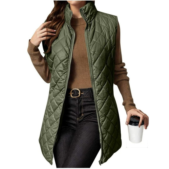 Fall Vests Women's Longline Quilted Down Padded Vest Lightweight & Cozy Autumn Winter Outerwear Blackish Green L